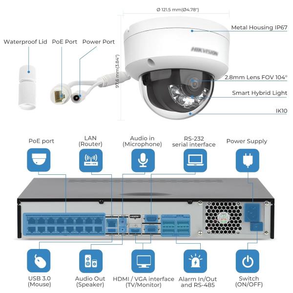 Kit Hikvision IP 2MP 4 Caméras PoE Audio Color Smart Hybride Light