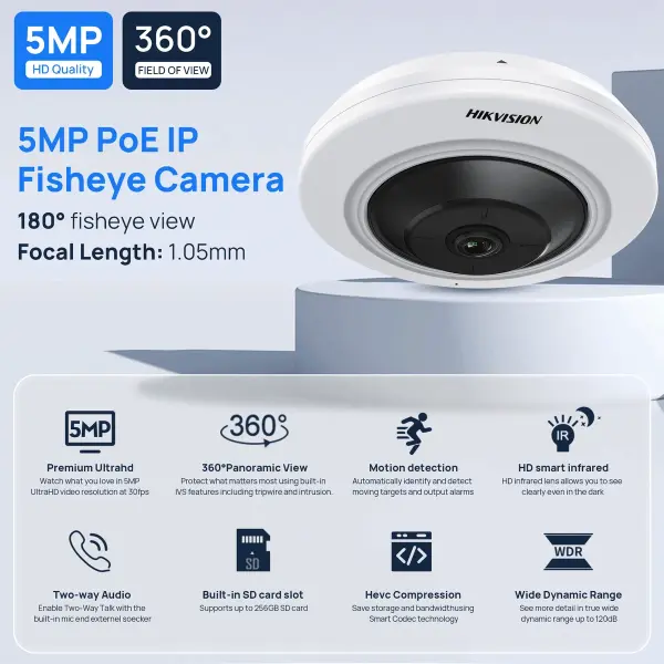 Fisheye 360° 5MP IP Hikvision caméras