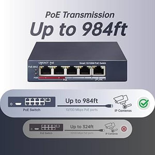 Switch PoE 4 Ports Commutateur POE intelligent Fast Ethernet Hikvision DS-3E1105P-EI/M V2