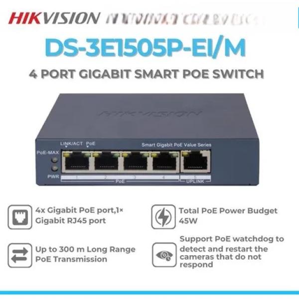 Gigabit Switch 4 Ports DS-3E1505P-EI/M Commutateur POE intelligent Hikvision